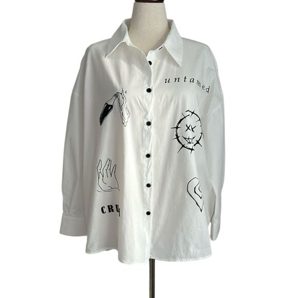 Sweet Rain Graphic Oversized Button Down Shirt Size XL Untamed Strange Print - Picture 1 of 12